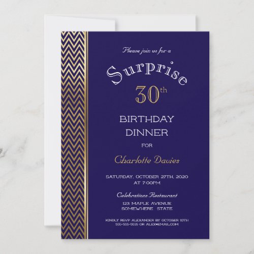 Gold Chevron Stripe Blue Surprise 30th Birthday Invitation