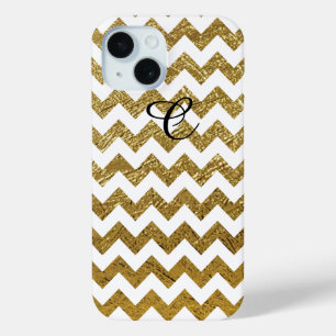 Gold Chevron Stripes Monogrammed iPhone 15 Case