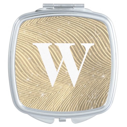 Gold Chevron Wavy Stripes Wedding Glitter Monogram Compact Mirror