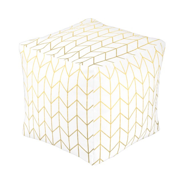 Gold Chevron White Background Modern Chic Pouf (Angled Front)