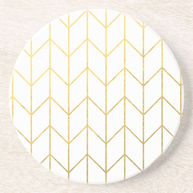 Gold Chevron White Background Modern Chic Sandstone Coaster (Front)