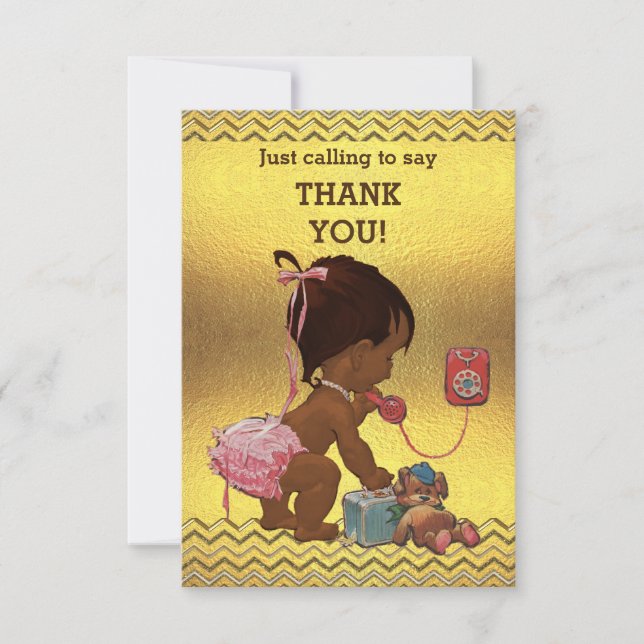 Gold Chevrons Ethnic Baby Girl on Phone Thank You Card (Front)