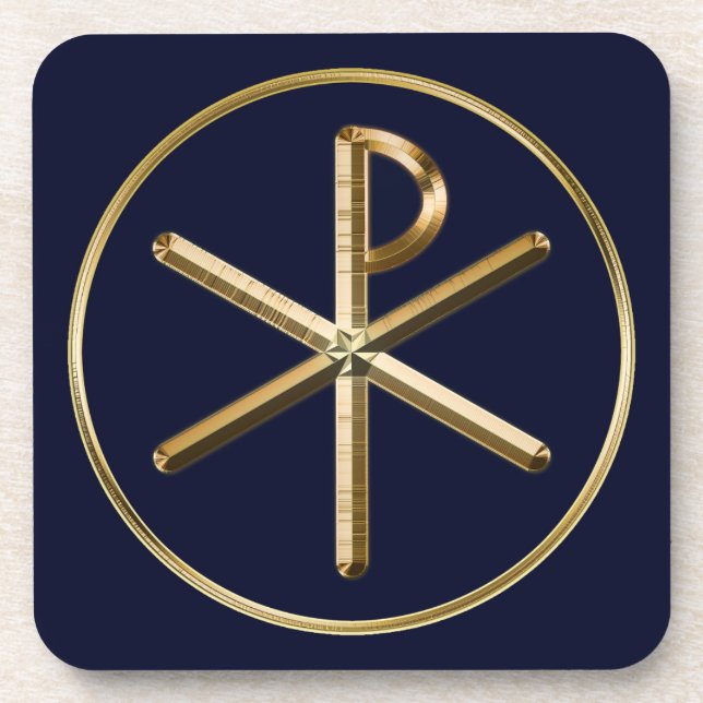 Gold Chi-Rho symbol on dark blue Drink Coaster (Front)