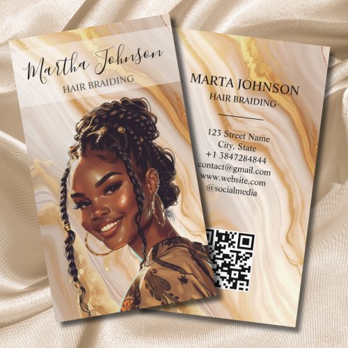 Gold Chic Afro American Braids Braiding QR Code Business Card