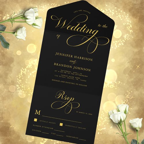 Gold Chic Calligraphy Black Classy Elegant Wedding All In One Invitation