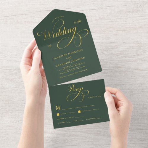 Gold Chic Calligraphy Green Classy Elegant Wedding All In One Invitation