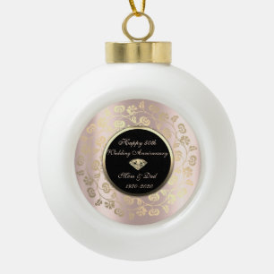 Gold Chic Floral Swirl 50th Wedding Anniversary Ceramic Ball Christmas Ornament