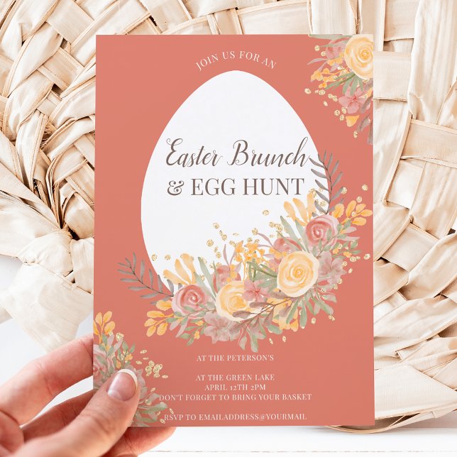 Gold chic floral watercolor easter brunch egg hunt invitation (Creator Uploaded)