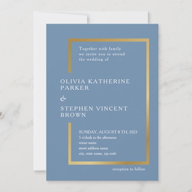 Gold chic frame. Elegant dusty blue Wedding Invitation (Front)