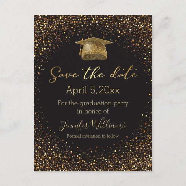 gold chic glitters black graduation save the date announcement postcard (Front)