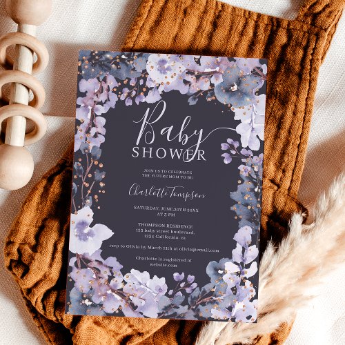 Gold chic lavender floral watercolor baby shower invitation
