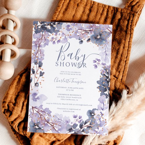 Gold chic lavender floral watercolor baby shower invitation