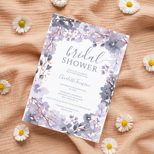Gold chic lavender floral watercolor bridal shower invitation