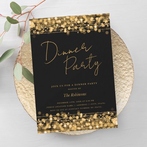 Gold Chic Lights Script Dinner Party Black Invitation