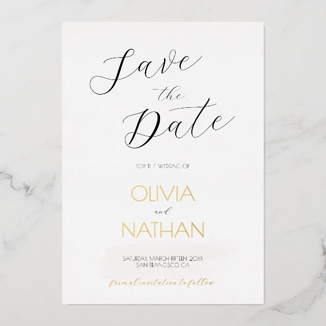 Gold Chic Script Wedding Save the Date Card (Front)