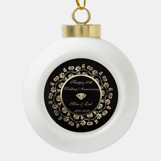 Gold Chic Swirl 50th Wedding Anniversary Ceramic Ball Christmas Ornament (Front)