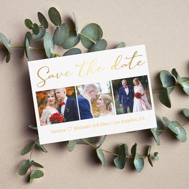  Gold Chic Wedding Save the Date 3 Photo Collage Note Card (Creator Uploaded)
