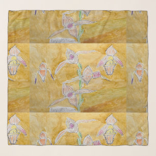 Gold Chiffon Scarf with Abstract Botanical Design