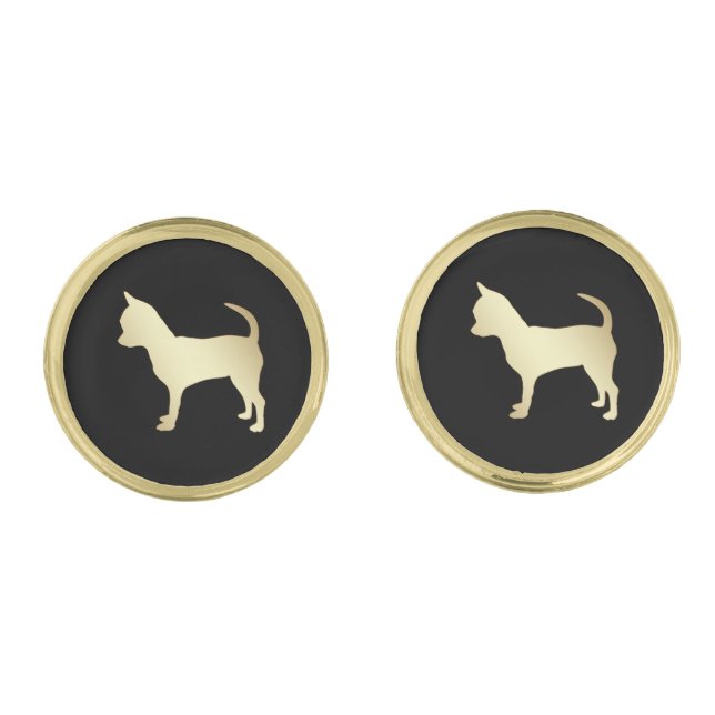 Gold Chihuahua Dog on Black Cufflinks (Front)