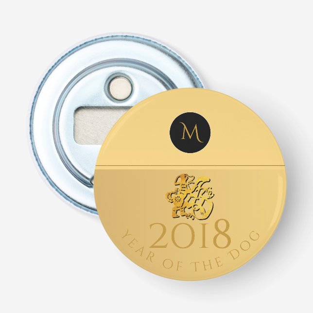 Gold Chinese Dog Papercut Birthday Monogram RBO Bottle Opener (Front)