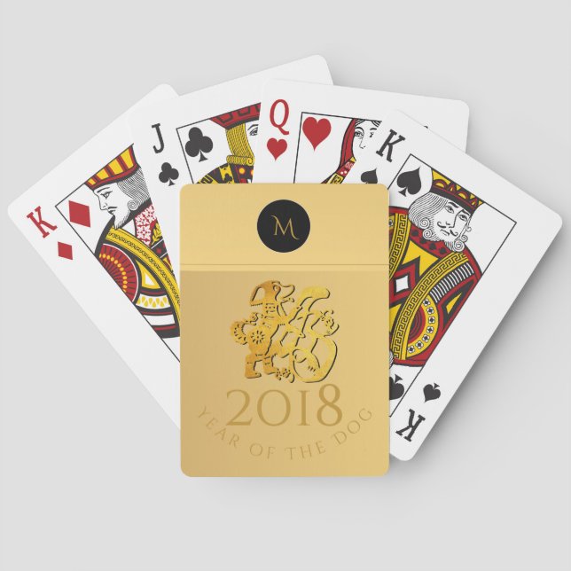 Gold Chinese Dog Papercut Monogram Playing C Poker Cards (Back)