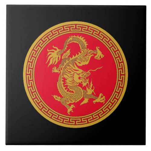 Gold Chinese dragon on black Ceramic Tile