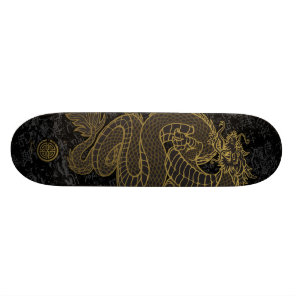 Gold Chinese Dragon on Black Skateboard