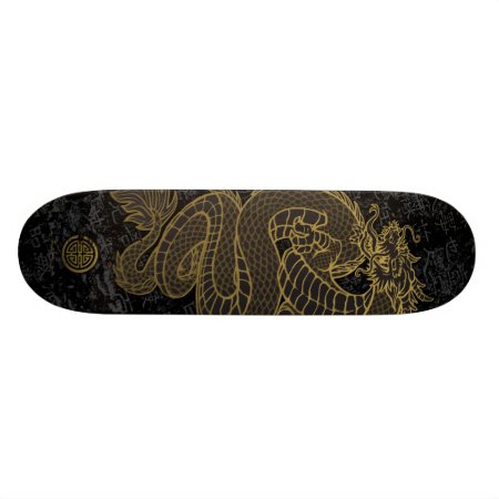 Gold Chinese Dragon On Black Skateboard