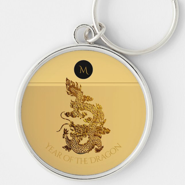 Gold Chinese Dragon Papercut Monogram Birthday RK Keychain (Front)