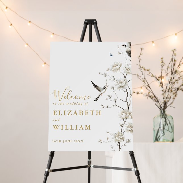 Gold Chinoiserie Floral Wedding Welcome Sign (In Situ (Stand))
