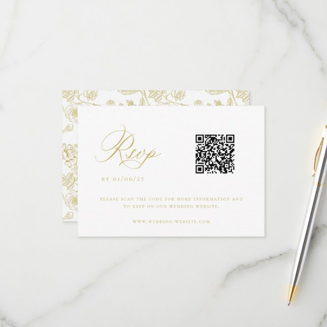 Gold Chinoiserie Wedding QR Code RSVP Card (Front/Back In Situ)