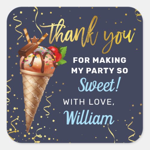 Gold Chocolate Ice Cream Birthday Party Thank You Square Sticker
