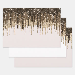Gold Chocolate Ice Cream Glitter Drips Birthday Wrapping Paper Sheets