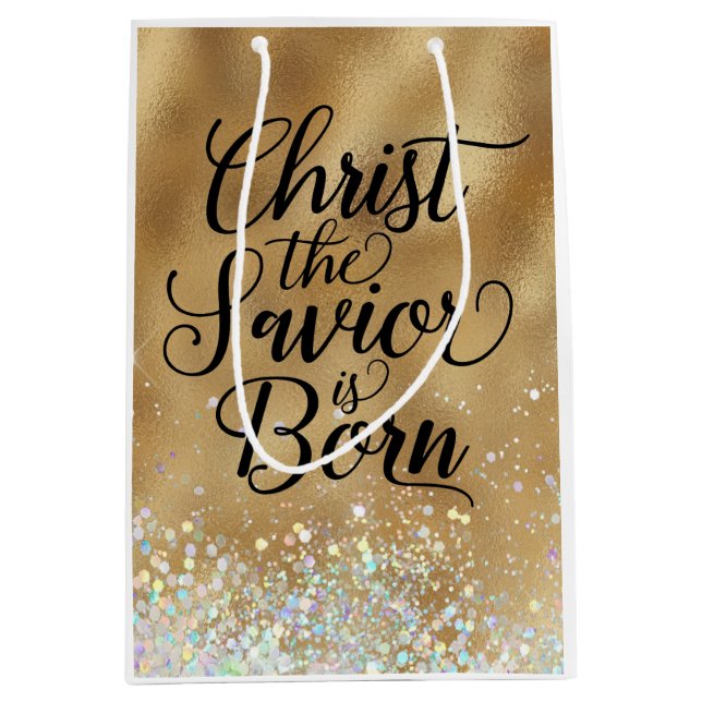 Gold Christ the Savior Christian Christmas  Medium Gift Bag (Front)