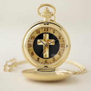 Gold christain cross design pocket watch