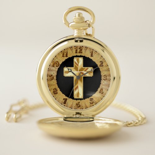 Gold christain cross design pocket watch