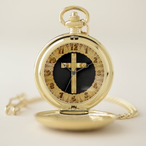 Gold christain crucifix cross design pocket watch