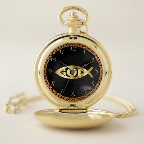 Gold Christain fish omega alpha typography 3 Pocket Watch