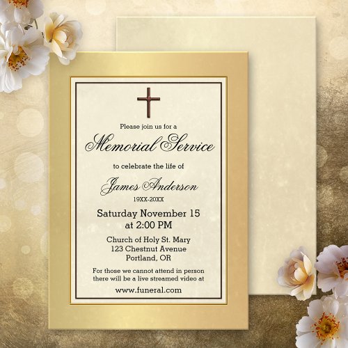 Gold Christian Classic Funeral Memorial Service Invitation
