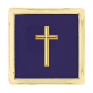 Gold Christian Cross Against Dark Blue Finish Lapel Pin