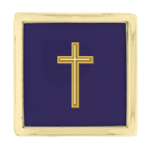 Gold Christian Cross Against Dark Blue Gold Finish Lapel Pin
