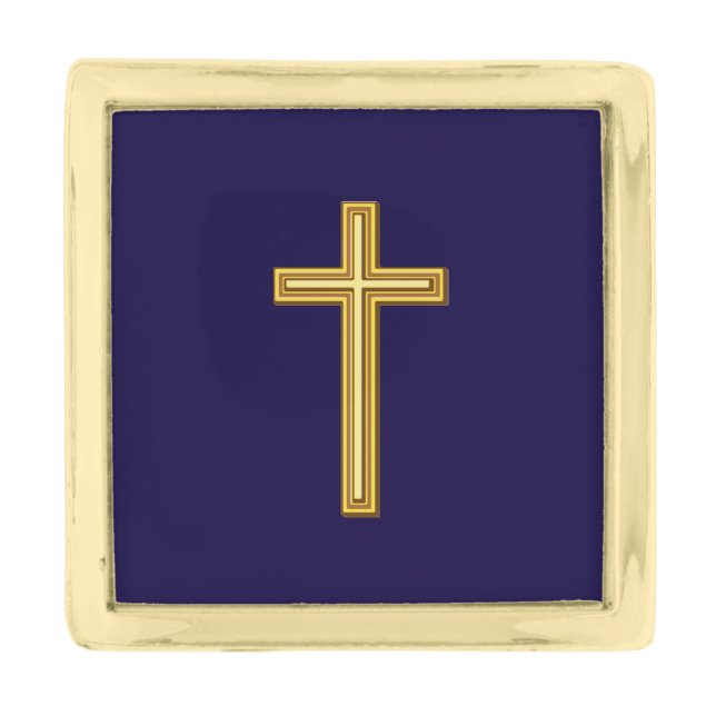 Gold Christian Cross Against Dark Blue Gold Finish Lapel Pin (Front)