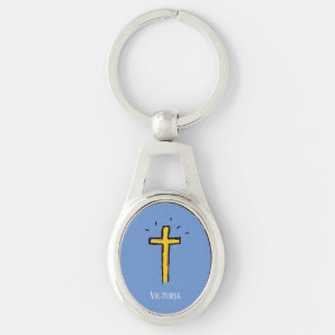 Gold Christian Cross Blue Custom Name Keychain