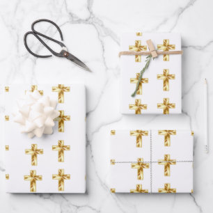 Gold Christian cross pattern white Wrapping Paper Sheets