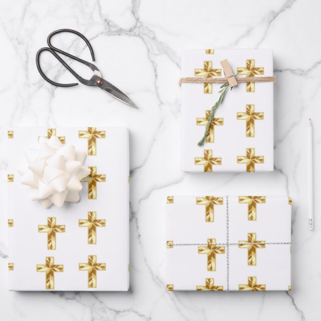 Gold Christian cross pattern white Wrapping Paper Sheets (Front)