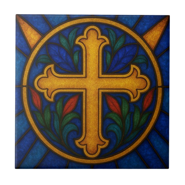 Gold Christian Cross Stained Glass Ceramic Tile (Front)