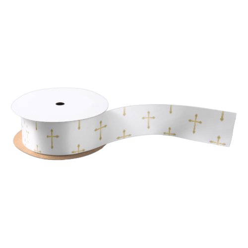 Gold Christian Crosses on White Satin Ribbon