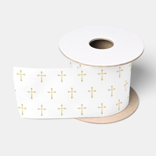 Gold Christian Crosses on White Satin Ribbon (Spool)