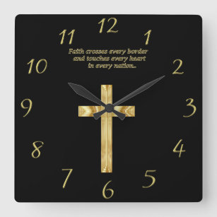 Gold Christian Faith cross with funny saying Square Wall Clock