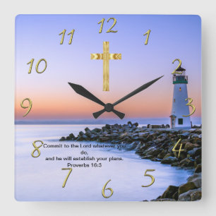 Gold Christian Faith cross with Where I go today,  Square Wall Clock